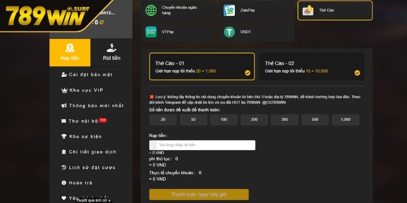 Nạp Và Rút Tiền 789WIN Quy Trình Cùng Lưu Ý Quan Trọng 2 Qua thẻ cào điện thoại